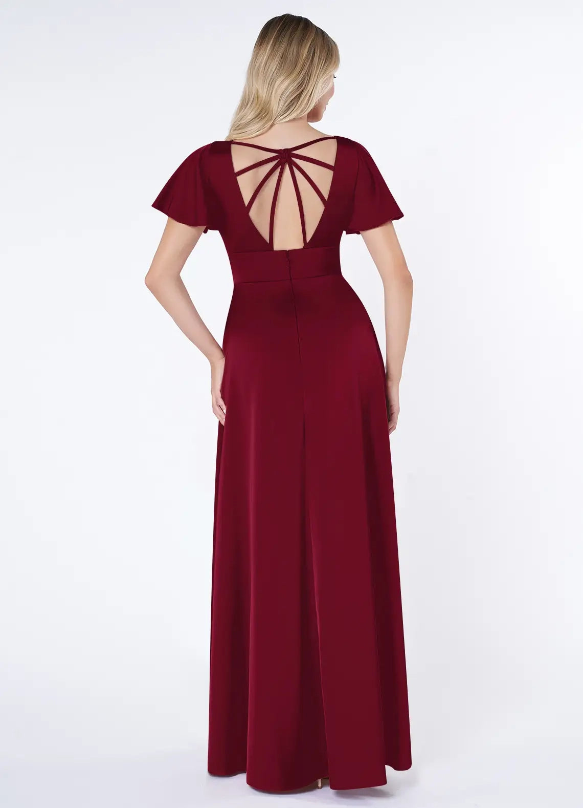 A-Line Flounce Sleeve Stretch Satin Burgundy V-Neck Maxi with Flutter and Open Back Bridesmaid Dresses