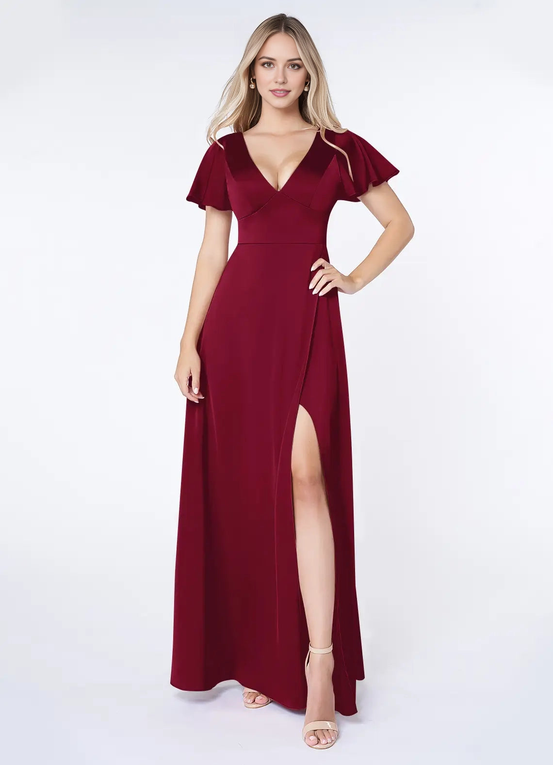 A-Line Flounce Sleeve Stretch Satin Burgundy V-Neck Maxi with Flutter and Open Back Bridesmaid Dresses