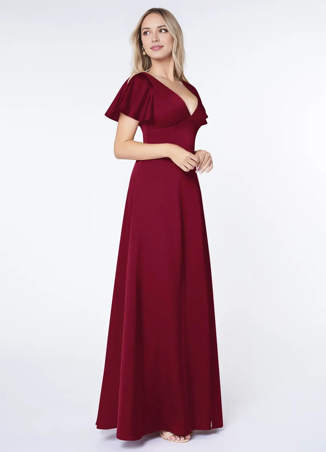 A-Line Flounce Sleeve Stretch Satin Burgundy V-Neck Maxi with Flutter and Open Back Bridesmaid Dresses