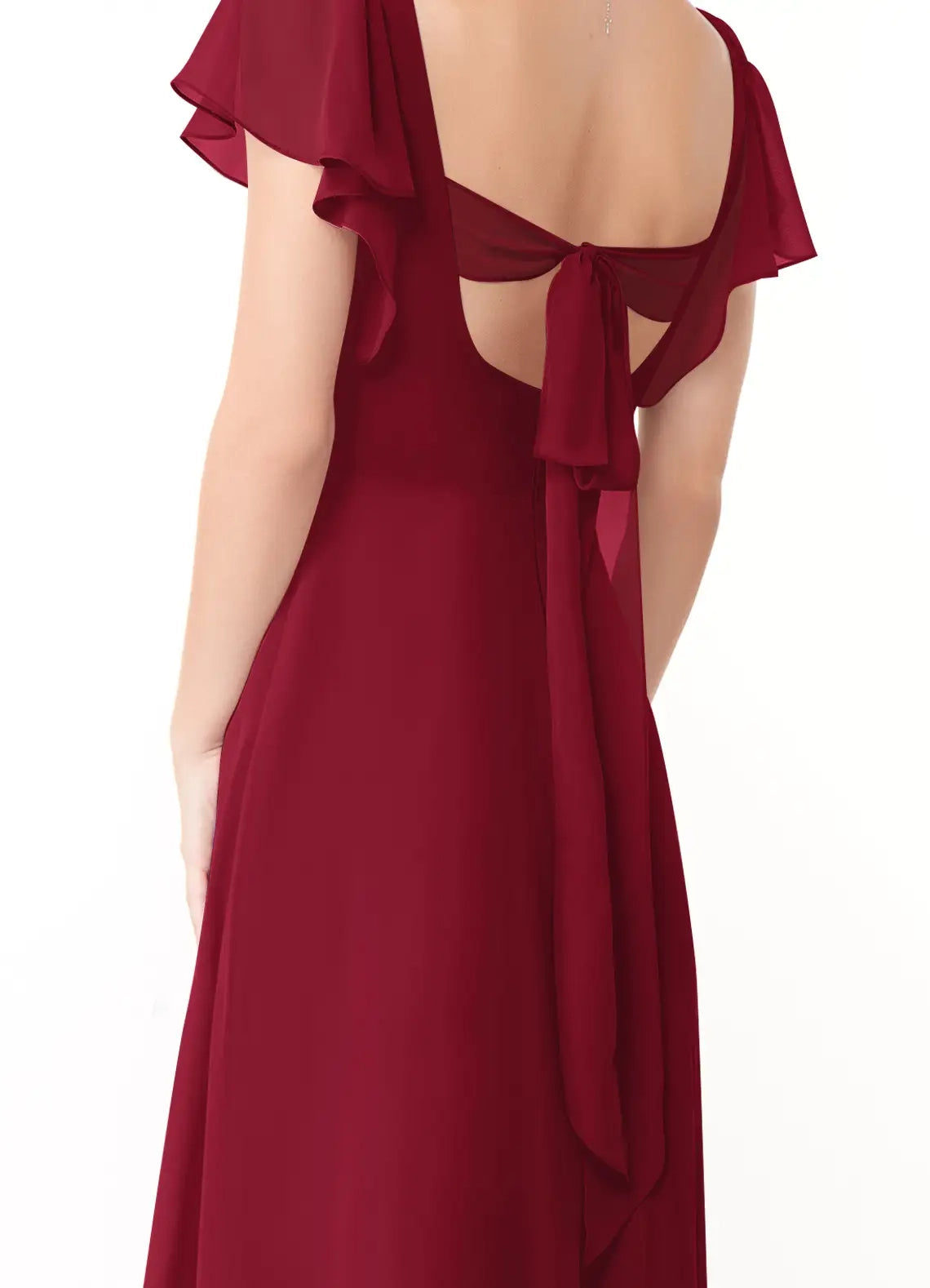 Burgundy V-Neck Maxi Dress with Ruffled Sleeves and Back Bow A-Line Ruched Chiffon Dress Bridesmaid Dresses