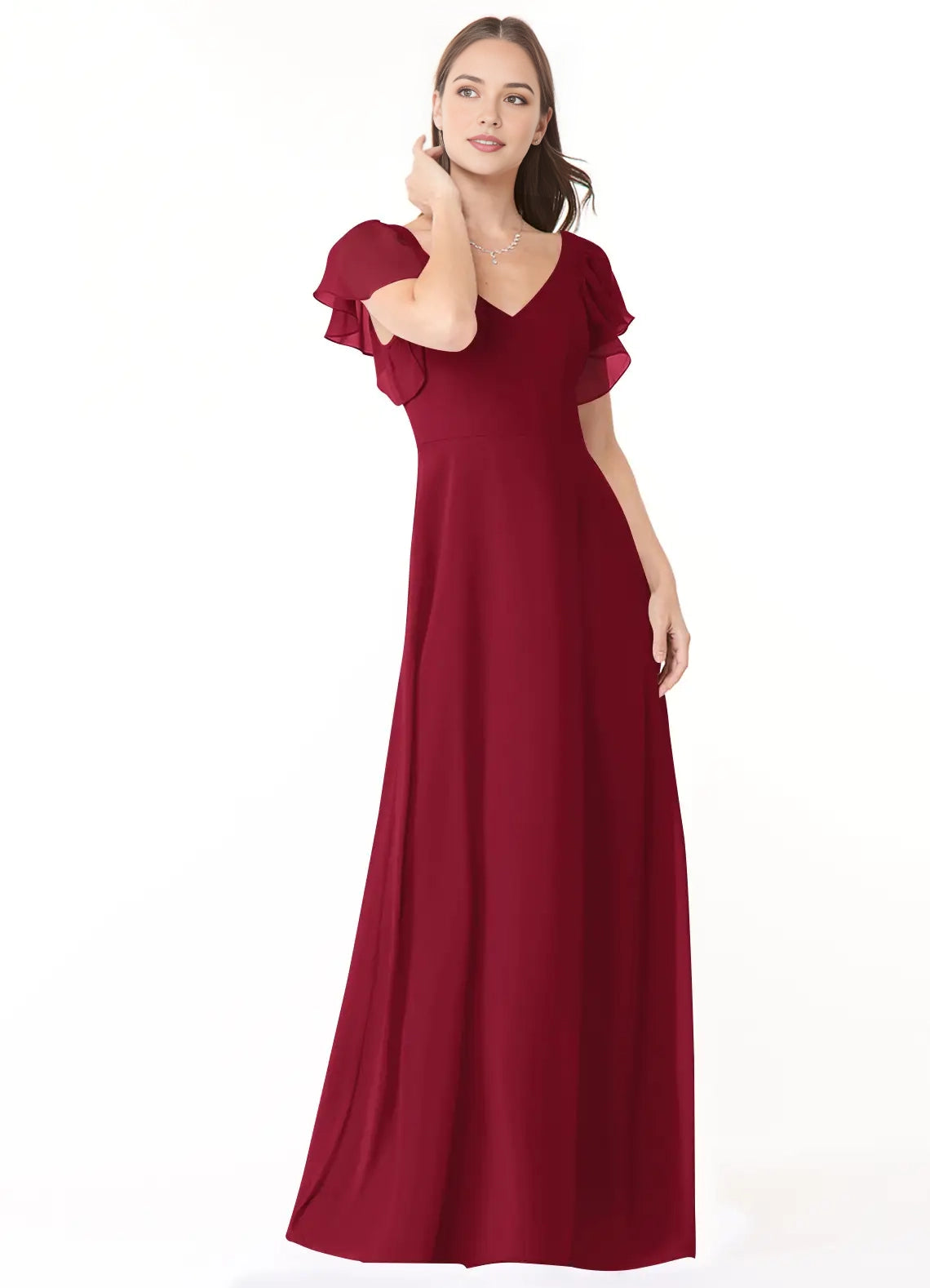 Burgundy V-Neck Maxi Dress with Ruffled Sleeves and Back Bow A-Line Ruched Chiffon Dress Bridesmaid Dresses