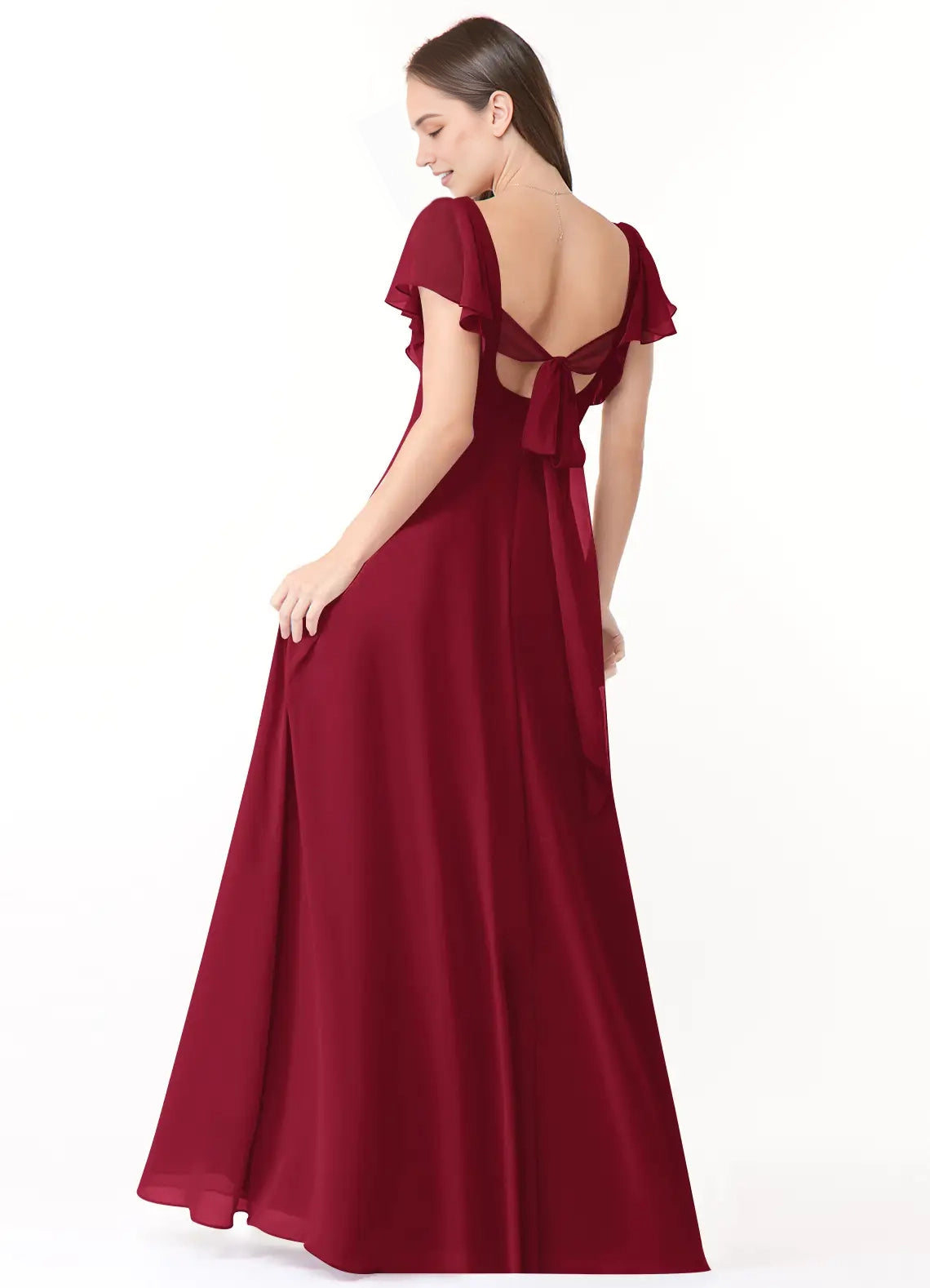 Burgundy V-Neck Maxi Dress with Ruffled Sleeves and Back Bow A-Line Ruched Chiffon Dress Bridesmaid Dresses