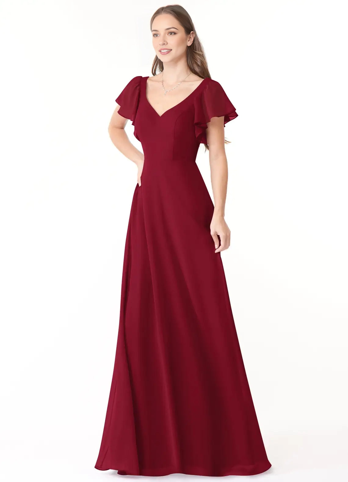 Burgundy V-Neck Maxi Dress with Ruffled Sleeves and Back Bow A-Line Ruched Chiffon Dress Bridesmaid Dresses