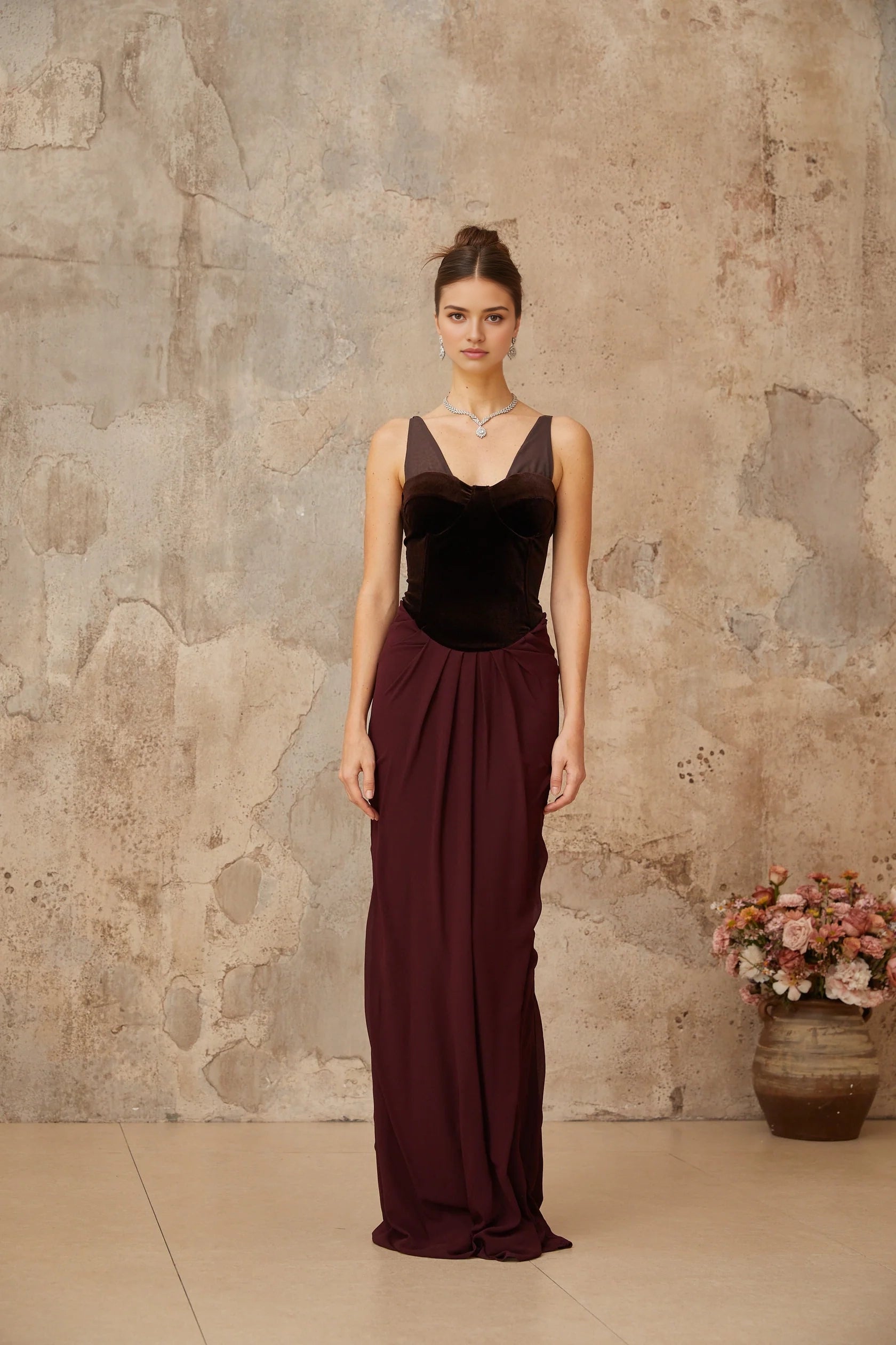 Burgundy Velvet Bodice Maxi Dress with Draped Skirt Ariane burgundy velvet-panel shirred maxi dress Evening Dress