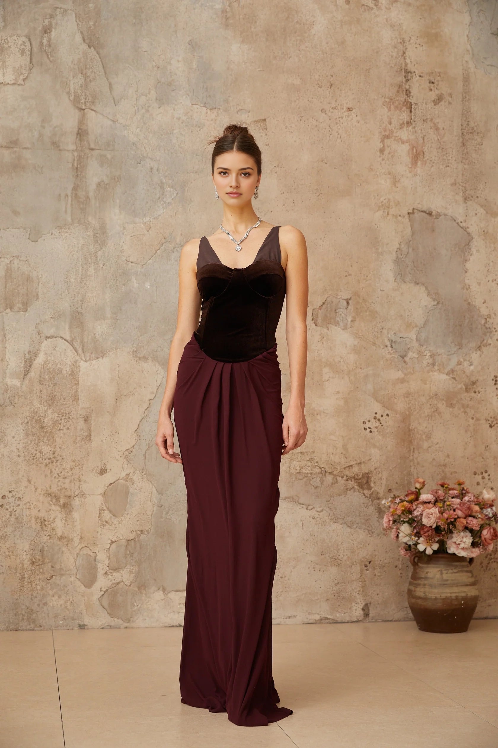 Burgundy Velvet Bodice Maxi Dress with Draped Skirt Ariane burgundy velvet-panel shirred maxi dress Evening Dress