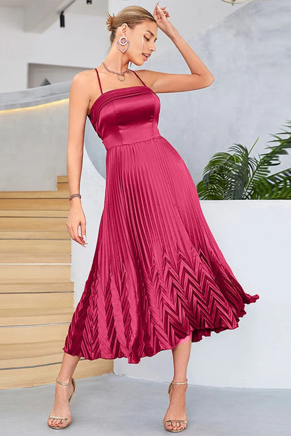 Burgundy A-Line Spaghetti Straps Pleated Tea-Length Evening Dress simple gentle atmospheric and unique desi