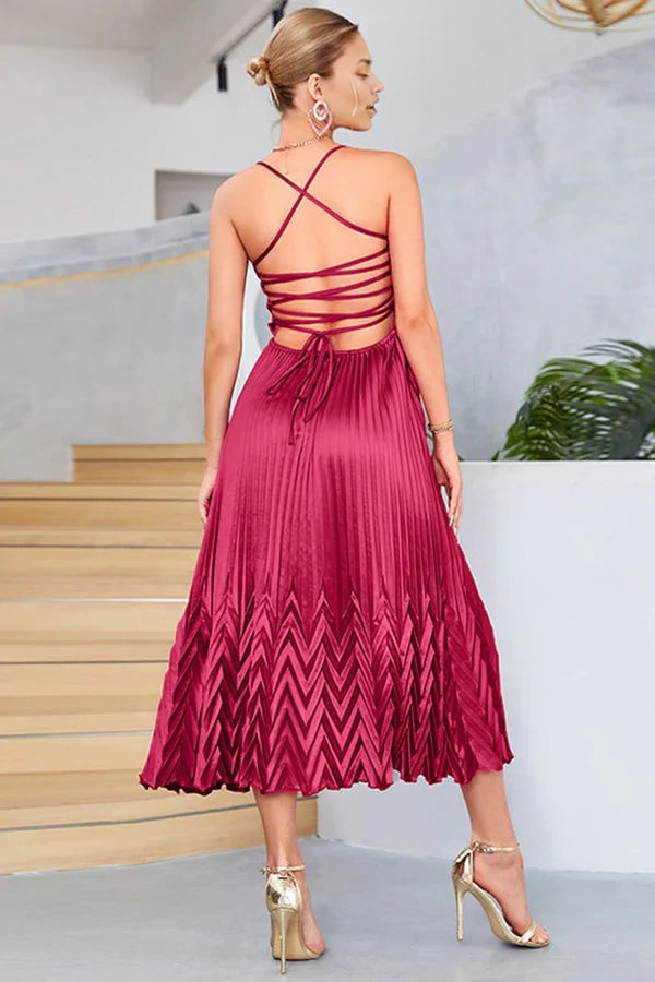 Burgundy A-Line Spaghetti Straps Pleated Tea-Length Evening Dress simple gentle atmospheric and unique desi
