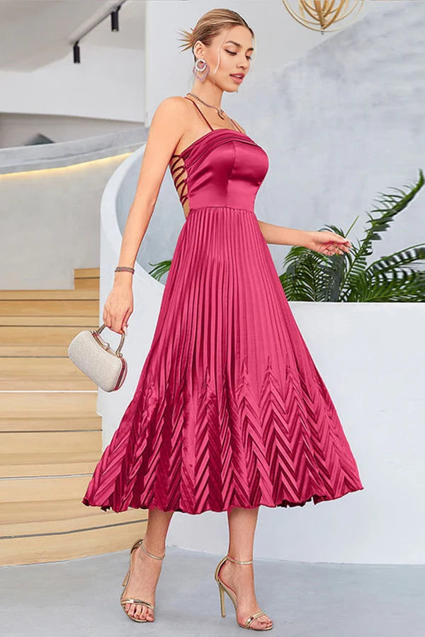 Burgundy A-Line Spaghetti Straps Pleated Tea-Length Evening Dress simple gentle atmospheric and unique desi