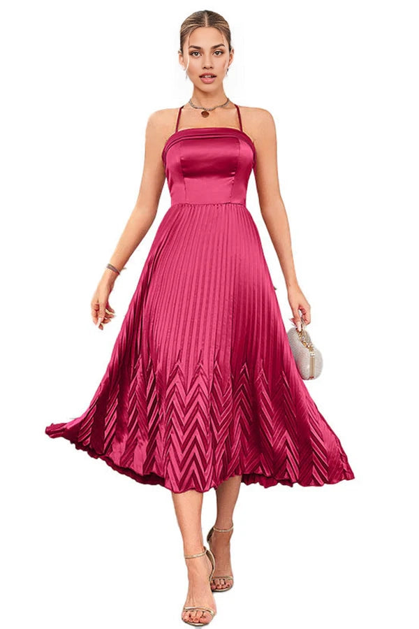 Burgundy A-Line Spaghetti Straps Pleated Tea-Length Evening Dress simple gentle atmospheric and unique desi
