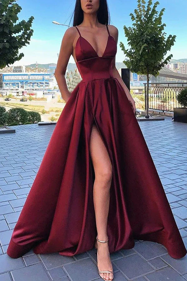 Burgundy A-line V Neck Satin Prom Dress With Pocket simple gentle atmospheric and unique desi Bring summer colors to enhance whiteness