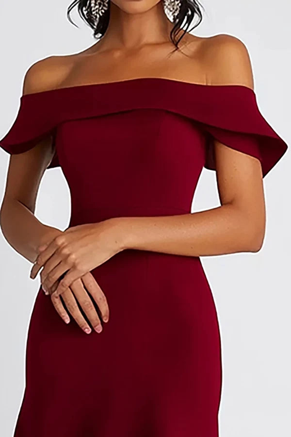 Burgundy A Line Off The Shoulder Knee Length Formal Dress simple gentle atmospheric and unique desi Bring summer colors to enhance whiteness
