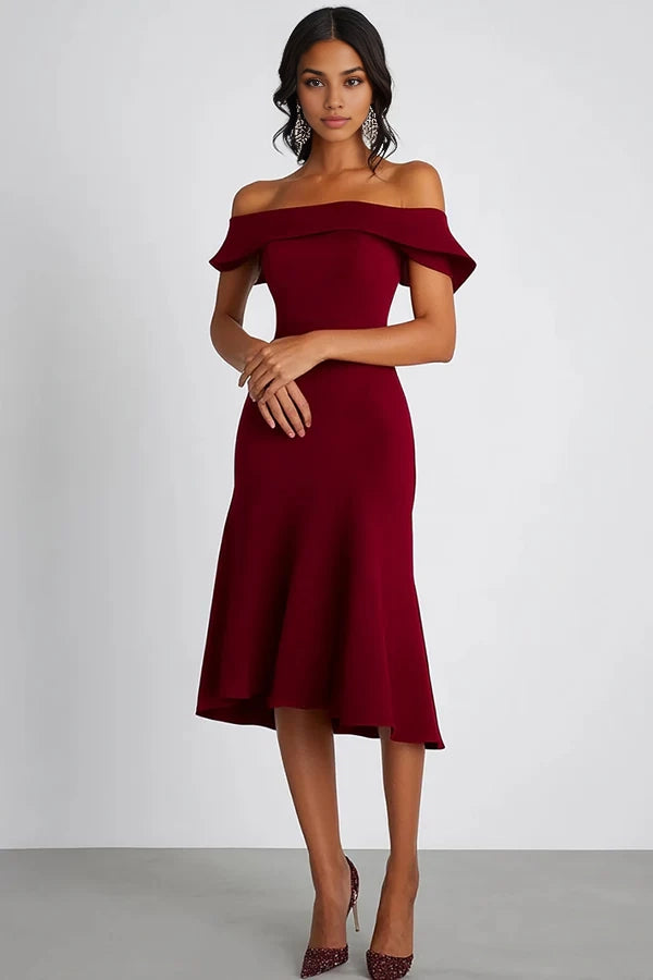 Burgundy A Line Off The Shoulder Knee Length Formal Dress simple gentle atmospheric and unique desi Bring summer colors to enhance whiteness