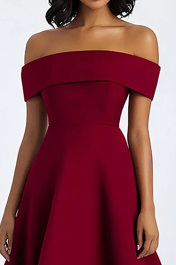 Burgundy A Line Off The Shoulder Midi Formal Dress simple gentle atmospheric and unique desi Bring summer colors to enhance whiteness