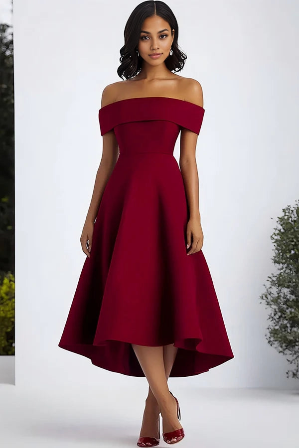 Burgundy A Line Off The Shoulder Midi Formal Dress simple gentle atmospheric and unique desi Bring summer colors to enhance whiteness