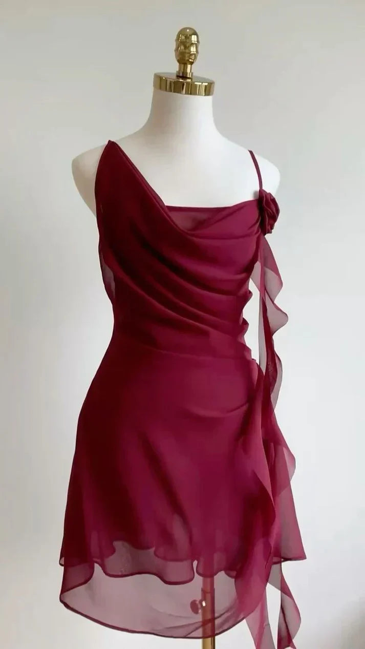 Burgundy A Line Spaghetti Strap Floral Chiffon Short Party Dress Homecoming Dress Outfits simple gentle atmospheric and unique desi Bring summer colors to enhance whiteness