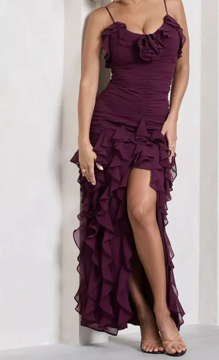 Burgundy Brick Sheath Spaghetti Straps Layered Chiffon Long Prom Dress Evening Dress with Slit  simple gentle atmospheric and unique desi Bring summer colors to enhance whiteness