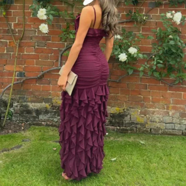 Burgundy Brick Sheath Spaghetti Straps Layered Chiffon Long Prom Dress Evening Dress with Slit  simple gentle atmospheric and unique desi Bring summer colors to enhance whiteness