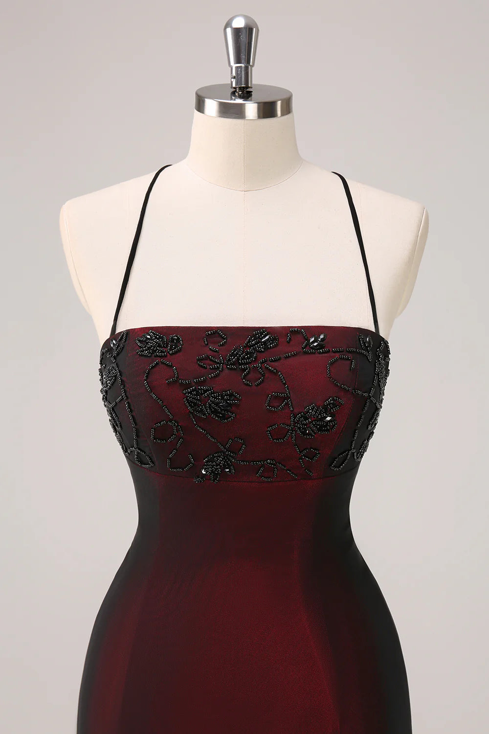 Burgundy Embellished Strappy Back Evening Gown Black Red Spaghetti Straps Mermaid Maxi Dress with Beading Evening Dress