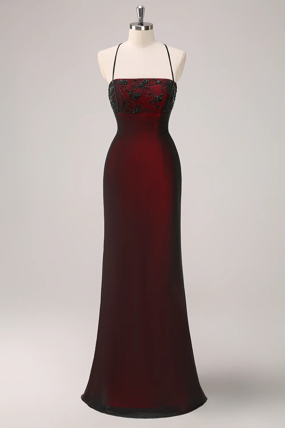 Burgundy Embellished Strappy Back Evening Gown Black Red Spaghetti Straps Mermaid Maxi Dress with Beading Evening Dress