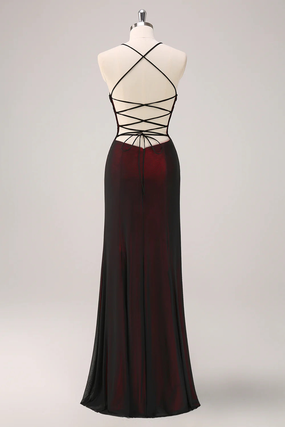 Burgundy Embellished Strappy Back Evening Gown Black Red Spaghetti Straps Mermaid Maxi Dress with Beading Evening Dress
