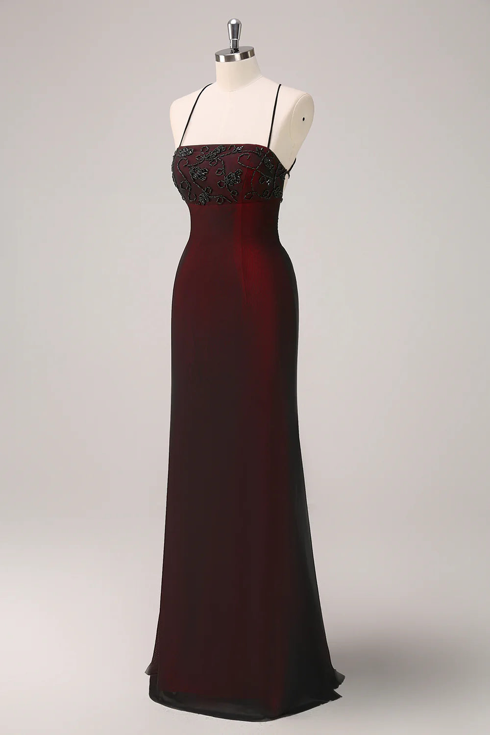 Burgundy Embellished Strappy Back Evening Gown Black Red Spaghetti Straps Mermaid Maxi Dress with Beading Evening Dress
