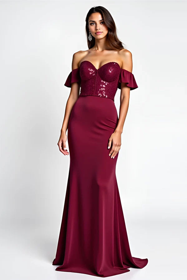 Burgundy Glitter Mermaid Off the Shoulder Long Prom Dress with Sequins simple gentle atmospheric and unique desi Bring summer colors to enhance whiteness