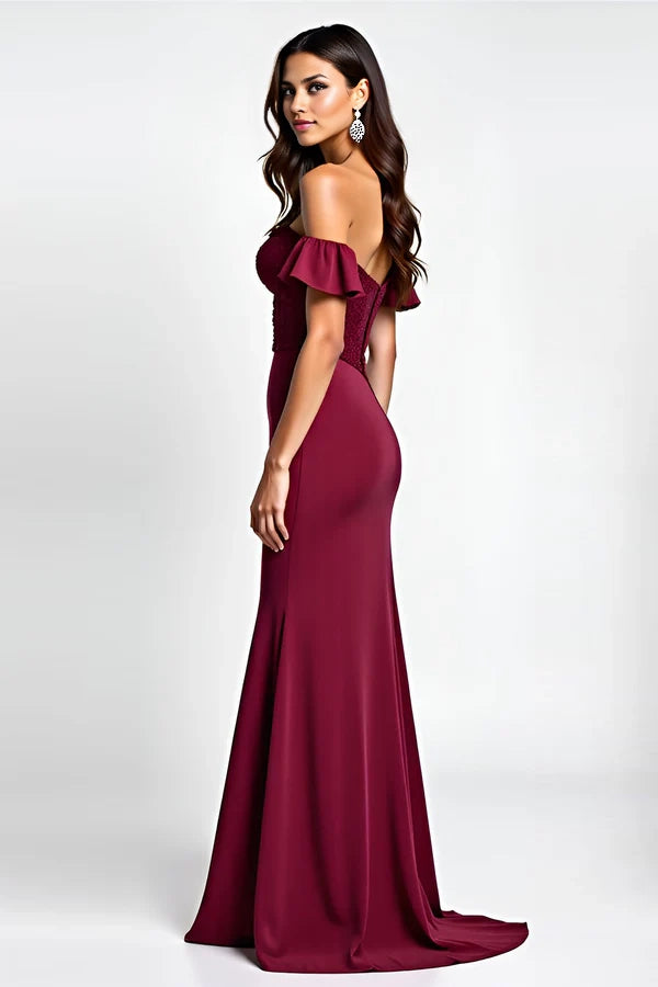 Burgundy Glitter Mermaid Off the Shoulder Long Prom Dress with Sequins simple gentle atmospheric and unique desi Bring summer colors to enhance whiteness