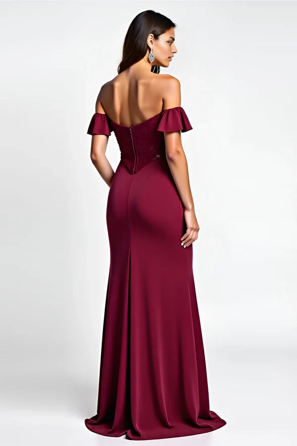 Burgundy Glitter Mermaid Off the Shoulder Long Prom Dress with Sequins simple gentle atmospheric and unique desi Bring summer colors to enhance whiteness
