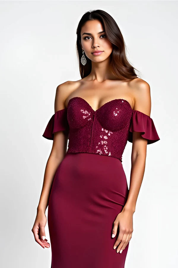 Burgundy Glitter Mermaid Off the Shoulder Long Prom Dress with Sequins simple gentle atmospheric and unique desi Bring summer colors to enhance whiteness