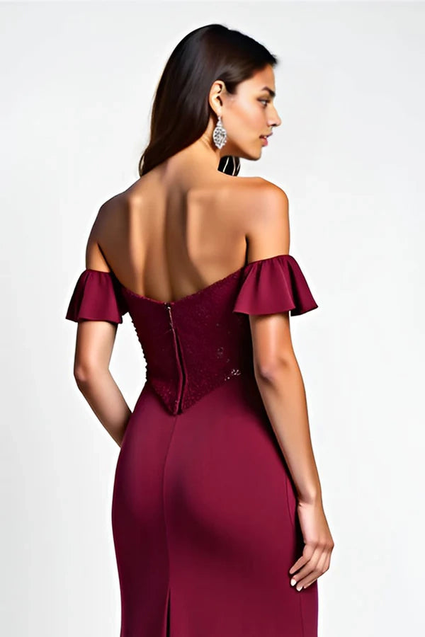 Burgundy Glitter Mermaid Off the Shoulder Long Prom Dress with Sequins simple gentle atmospheric and unique desi Bring summer colors to enhance whiteness