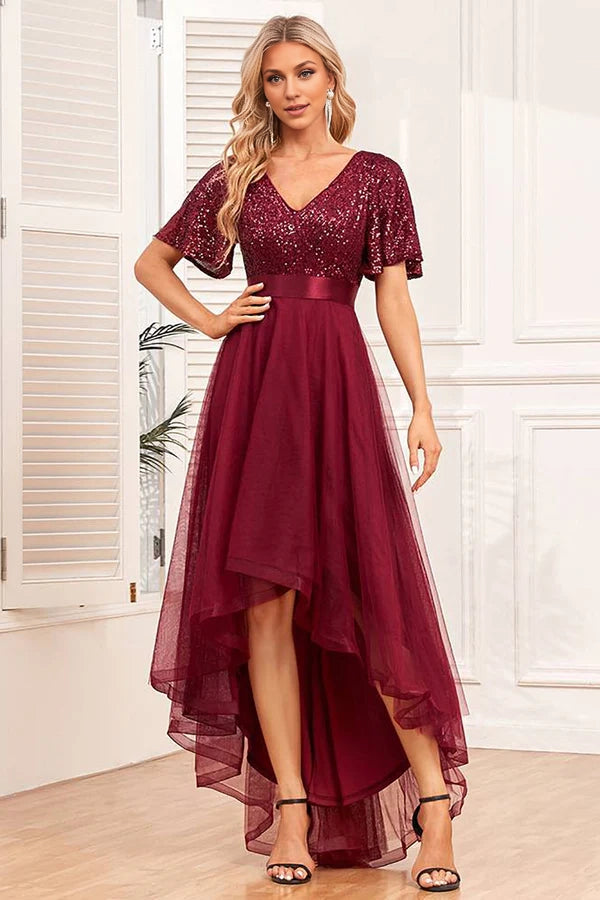 Burgundy High-low A-line Formal Dress with Sequins Simple gentle atmospheric and unique desig