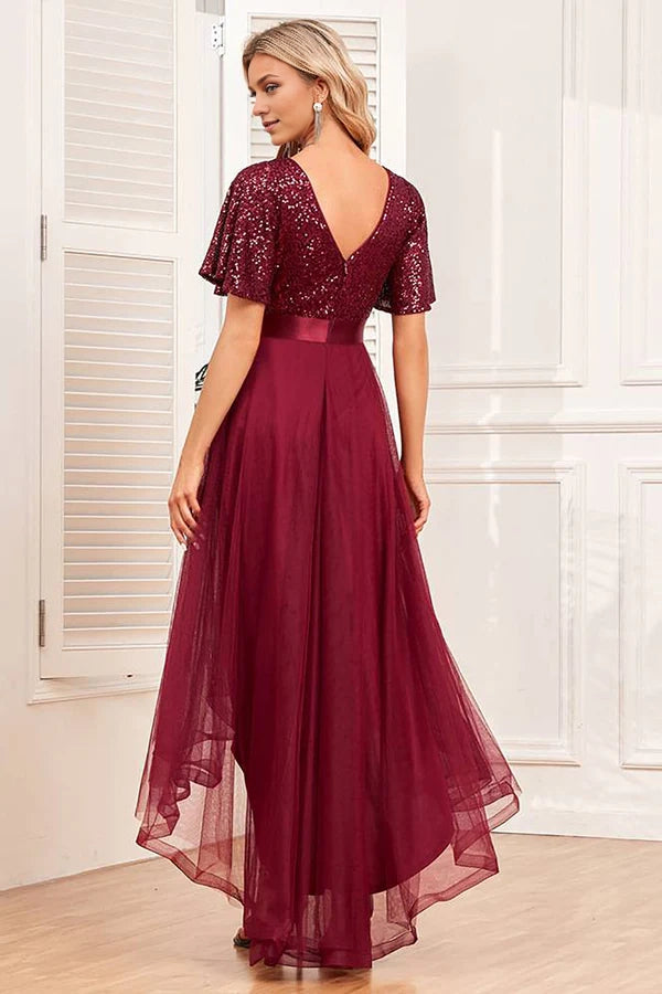 Burgundy High-low A-line Formal Dress with Sequins Simple gentle atmospheric and unique desig