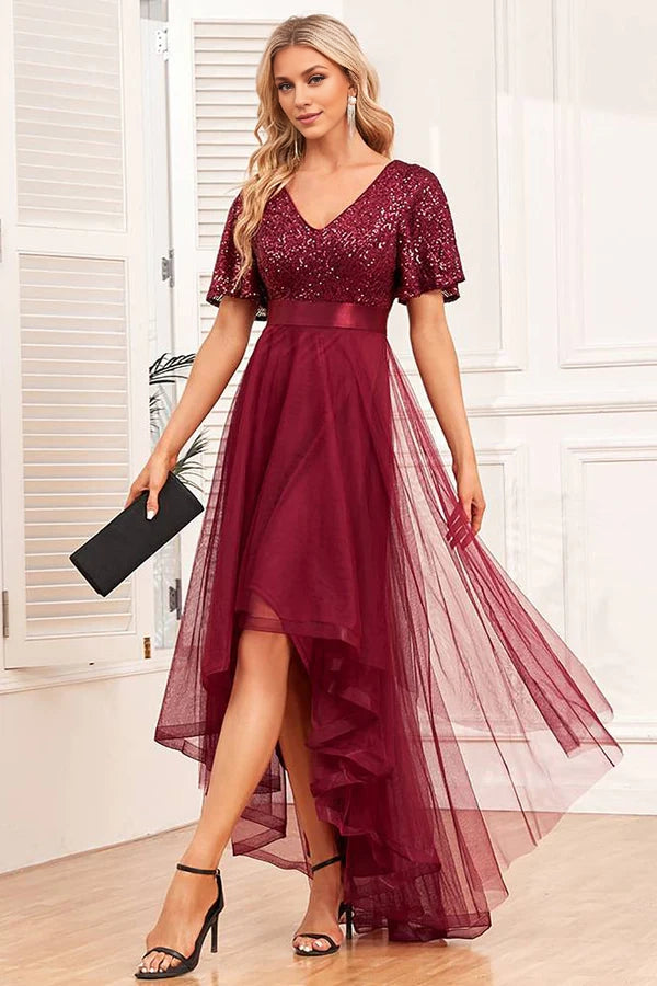 Burgundy High-low A-line Formal Dress with Sequins Simple gentle atmospheric and unique desig