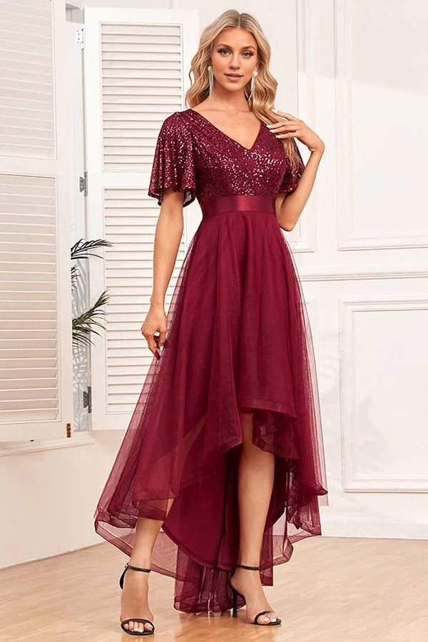 Burgundy High-low A-line Formal Dress with Sequins Simple gentle atmospheric and unique desig