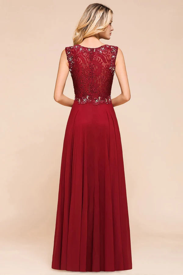 Burgundy Lace Long Prom Dresses Sleeveless Chiffon Evening Gowns With Crystal Simple gentle atmospheric and unique design
