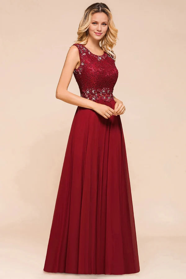Burgundy Lace Long Prom Dresses Sleeveless Chiffon Evening Gowns With Crystal Simple gentle atmospheric and unique design