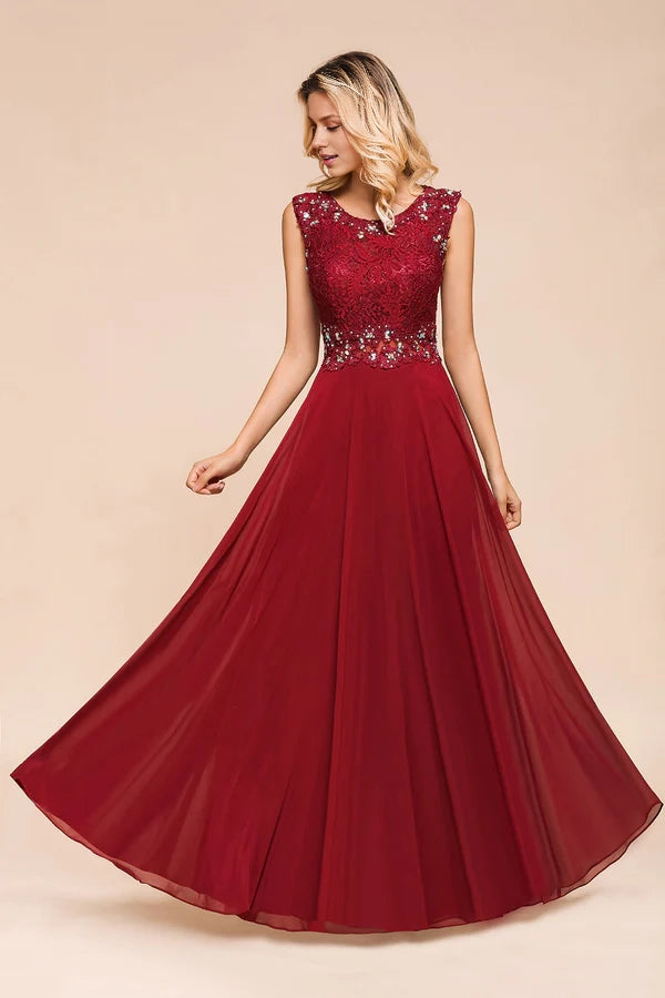 Burgundy Lace Long Prom Dresses Sleeveless Chiffon Evening Gowns With Crystal Simple gentle atmospheric and unique design