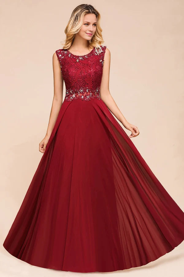 Burgundy Lace Long Prom Dresses Sleeveless Chiffon Evening Gowns With Crystal Simple gentle atmospheric and unique design