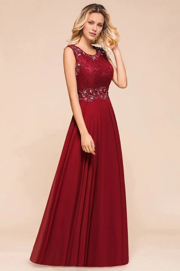 Burgundy Lace Long Prom Dresses Sleeveless Chiffon Evening Gowns With Crystal Simple gentle atmospheric and unique design