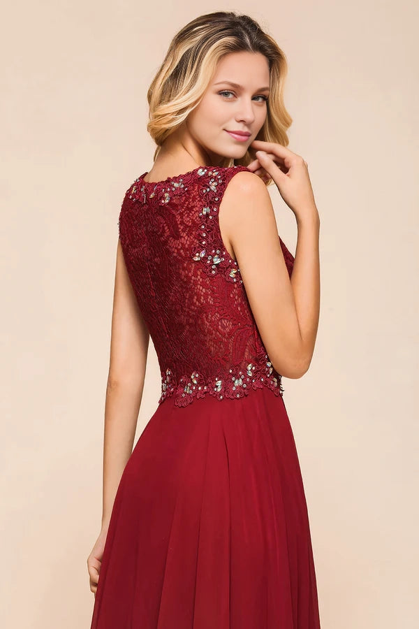 Burgundy Lace Long Prom Dresses Sleeveless Chiffon Evening Gowns With Crystal Simple gentle atmospheric and unique design
