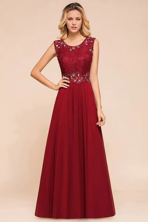 Burgundy Lace Long Prom Dresses Sleeveless Chiffon Evening Gowns With Crystal Simple gentle atmospheric and unique design