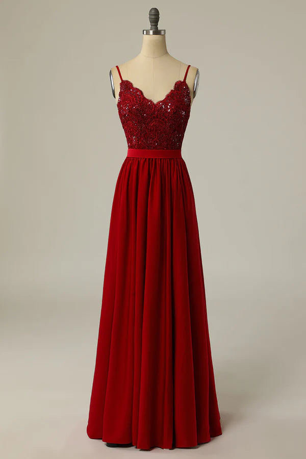 Burgundy Long Prom Dress with Beading Lace Simple gentle atmospheric and unique design
