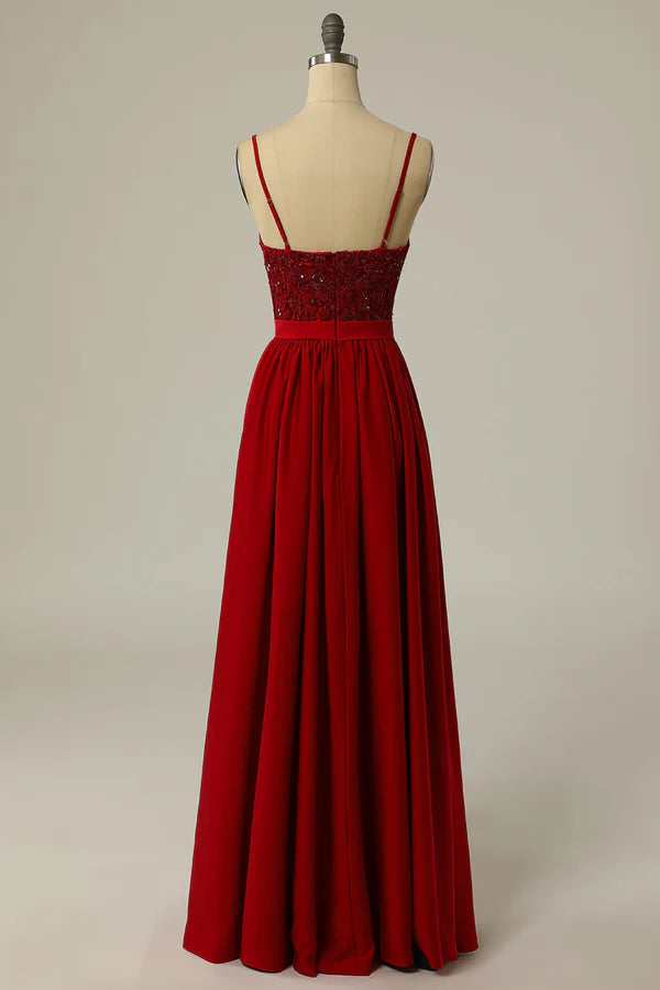 Burgundy Long Prom Dress with Beading Lace Simple gentle atmospheric and unique design