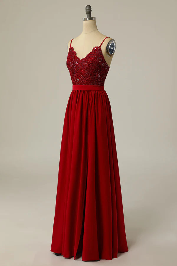 Burgundy Long Prom Dress with Beading Lace Simple gentle atmospheric and unique design