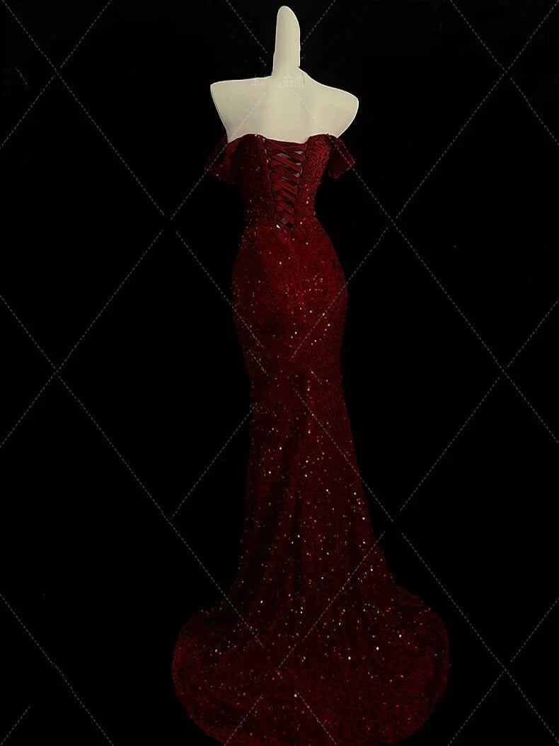 Burgundy Mermaid Evening Gowns Formal Weddings with Slit simple gentle atmospheric and unique desi Bring summer colors to enhance whiteness