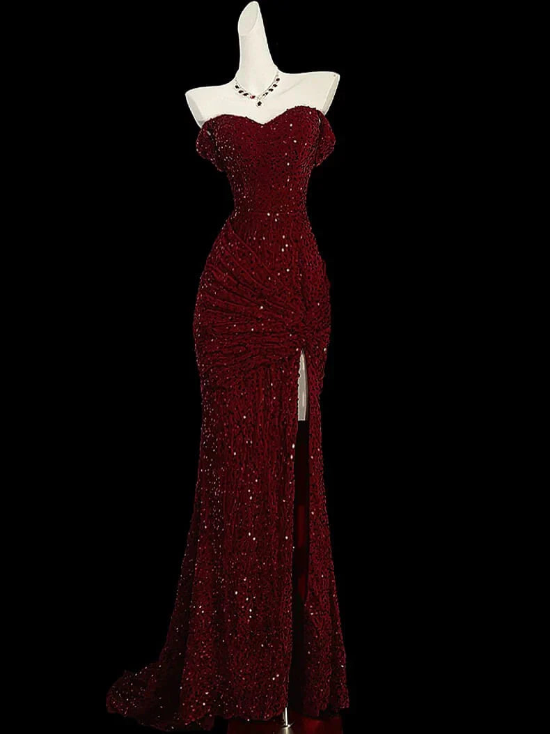 Burgundy Mermaid Evening Gowns Formal Weddings with Slit simple gentle atmospheric and unique desi Bring summer colors to enhance whiteness