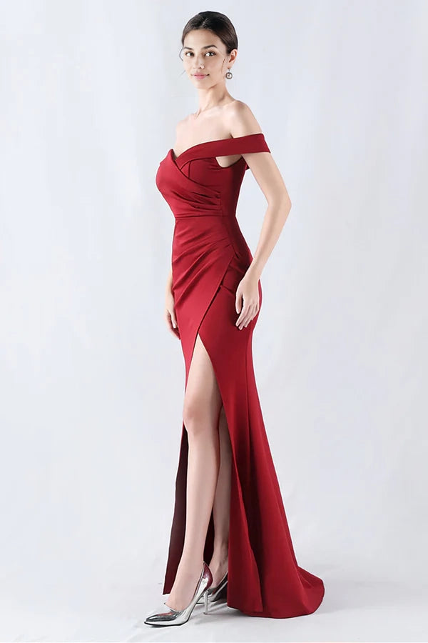 Burgundy Mermaid Off The Shoulder Long Prom Dress With Slit simple gentle atmospheric and unique desi