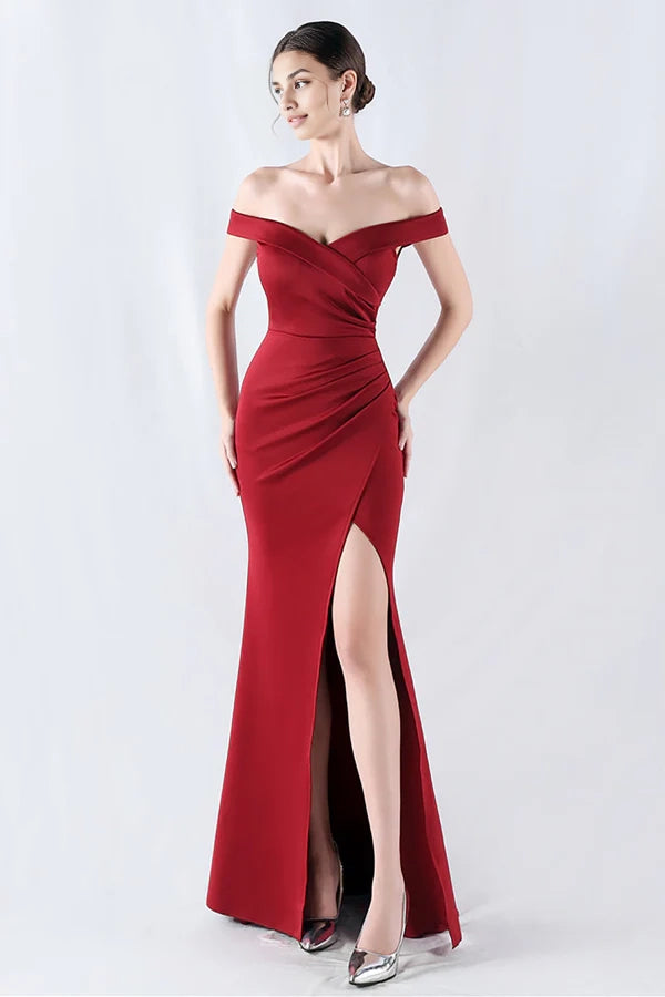 Burgundy Mermaid Off The Shoulder Long Prom Dress With Slit simple gentle atmospheric and unique desi