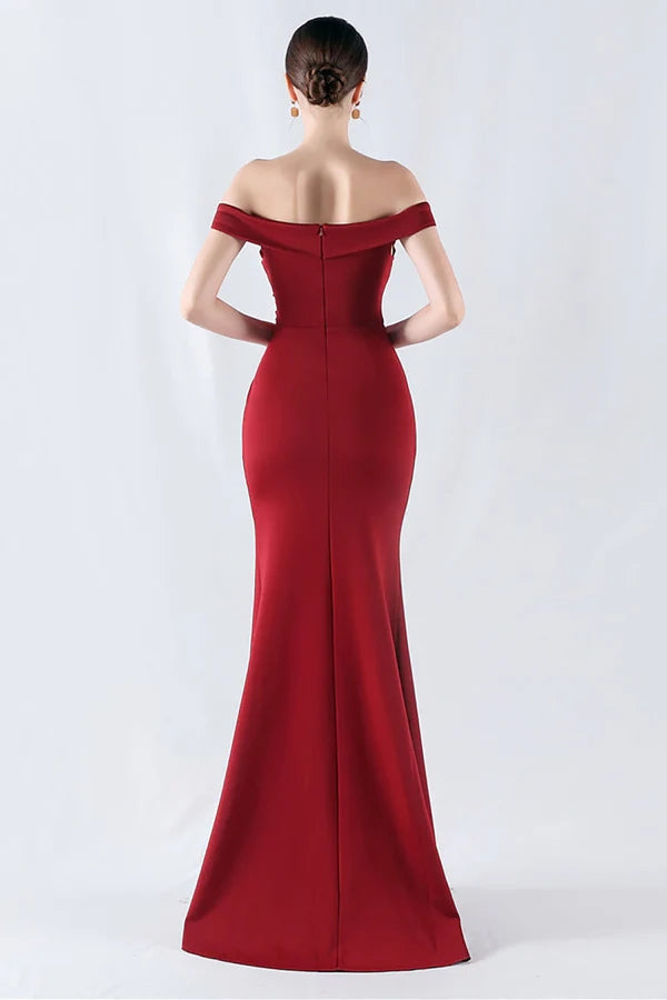 Burgundy Mermaid Off The Shoulder Long Prom Dress With Slit simple gentle atmospheric and unique desi