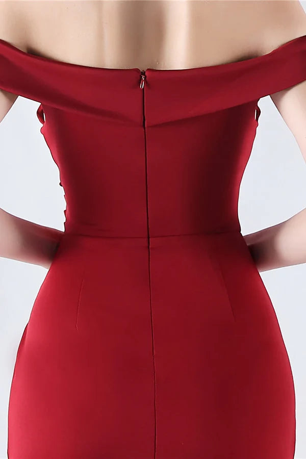 Burgundy Mermaid Off The Shoulder Long Prom Dress With Slit simple gentle atmospheric and unique desi